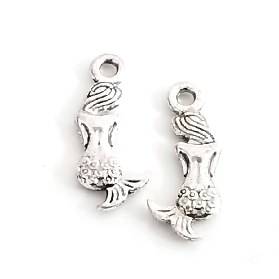 Mermaid Charms, Antique Silver, Double Sided, Lead Free, Nickel Free, 20x8.5x2mm, 2mm Loop, Lot Size 50, #2019 CBK