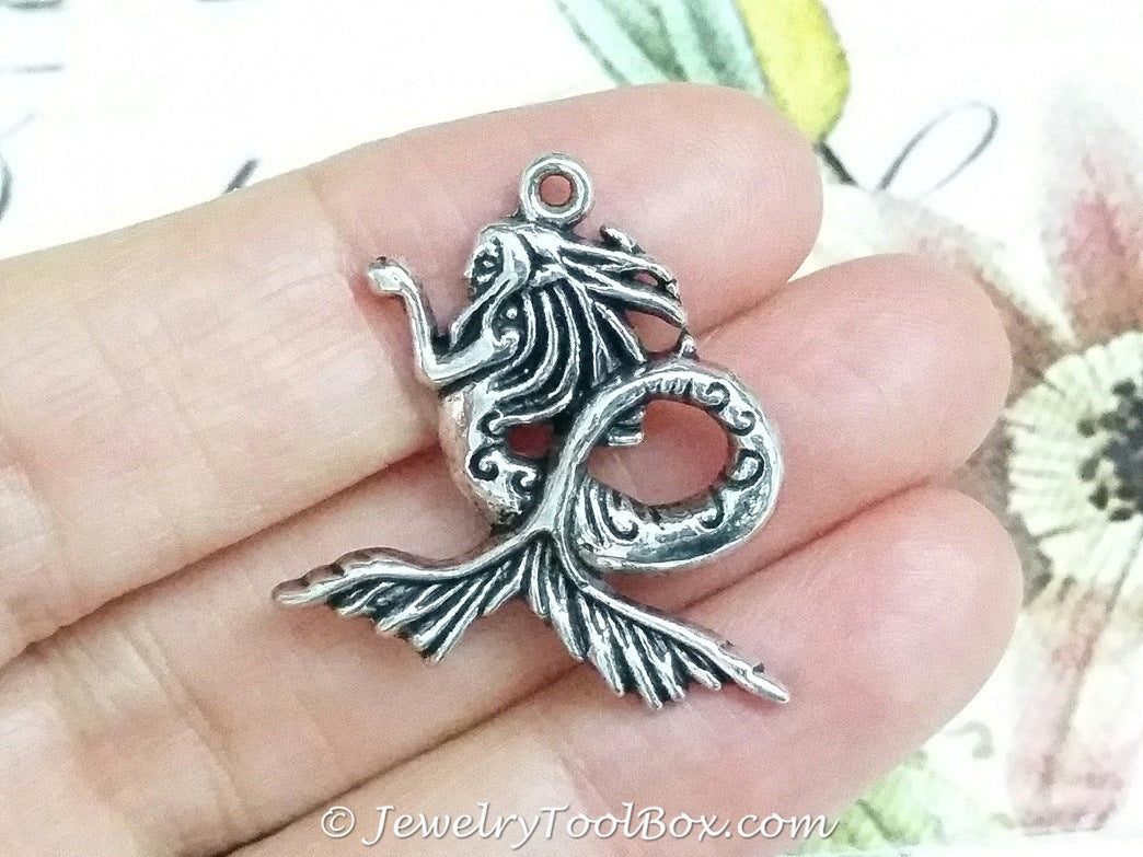 Mermaid Pendant, Antique Silver, Lead Free, Nickel Free, 29x27x3mm, 2mm Loop, Lot Size 10, #2146