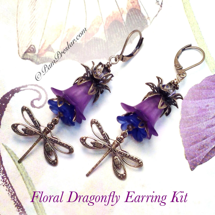 Jewelry Making Kit, Brass Dragonfly Earrings with Lucite Bell