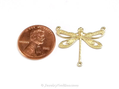 Large Filigree Dragonfly Pendant Connector Charm, 3 Loops, Brass, Lot Size 10, #10R