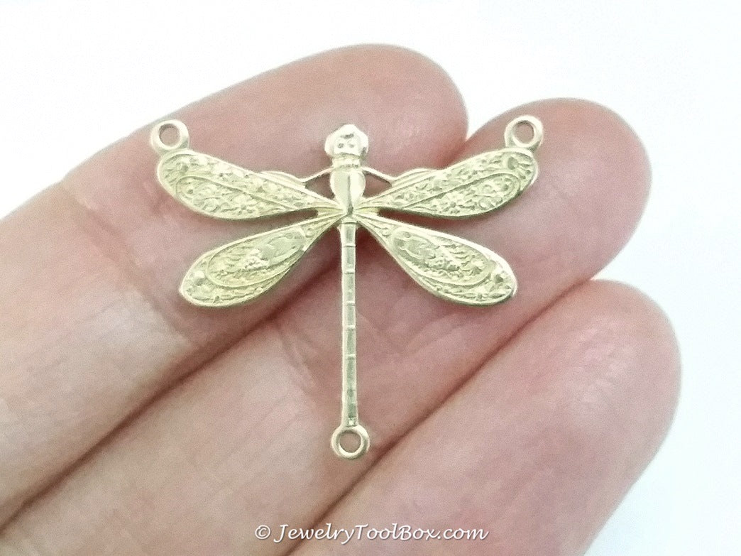 Large Dragonfly Pendant Connector Charm, 3 Loops, Brass, Lot Size 10, #06R