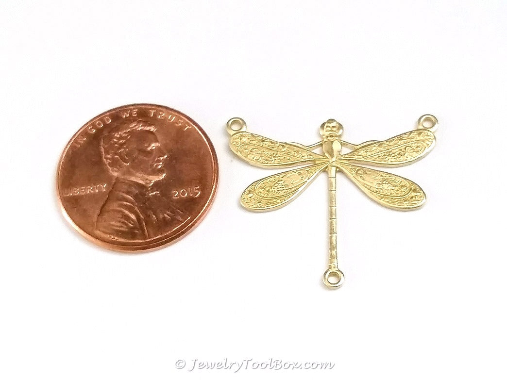 Large Dragonfly Pendant Connector Charm, 3 Loops, Brass, Lot Size 10, #06R