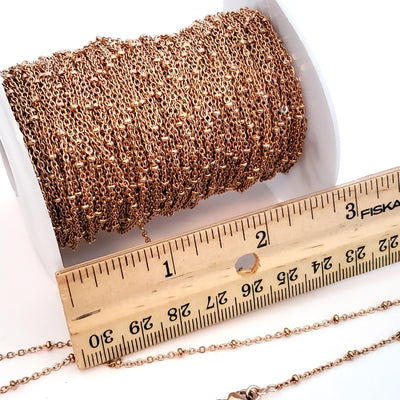 Fine Station Chain, Rose Gold Stainless Steel with 1.5x2mm Rondelle Bead Stations, Soldered Closed Links, Lot Size 50 meters spooled, #1951 RG