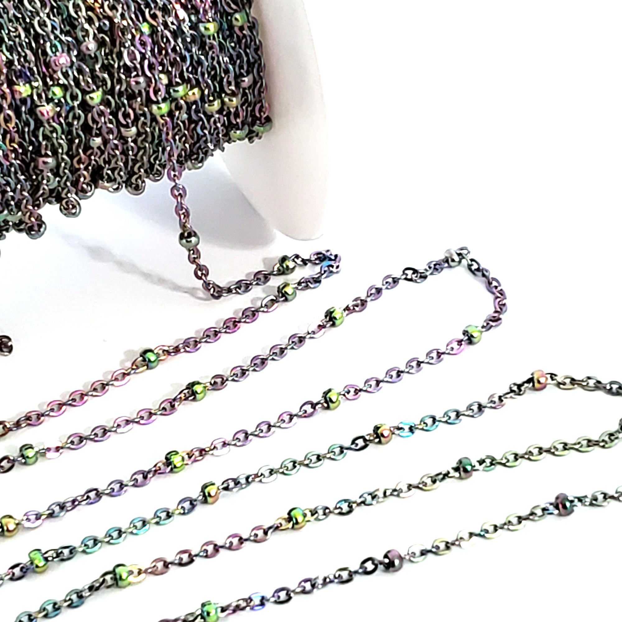 Stainless Steel Station Chain, Titanium Alloy Plated, Soldered Closed 2mm links with 1.5x2.5mm Rondelle Stations, Lot Size 30 Feet spooled, #1953 MC