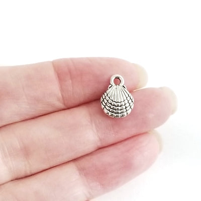 Clam Shell Charms, Antique Silver Pewter, Double Sided, Lead Free, 13x10x4mm, Lot Size 10, #1255