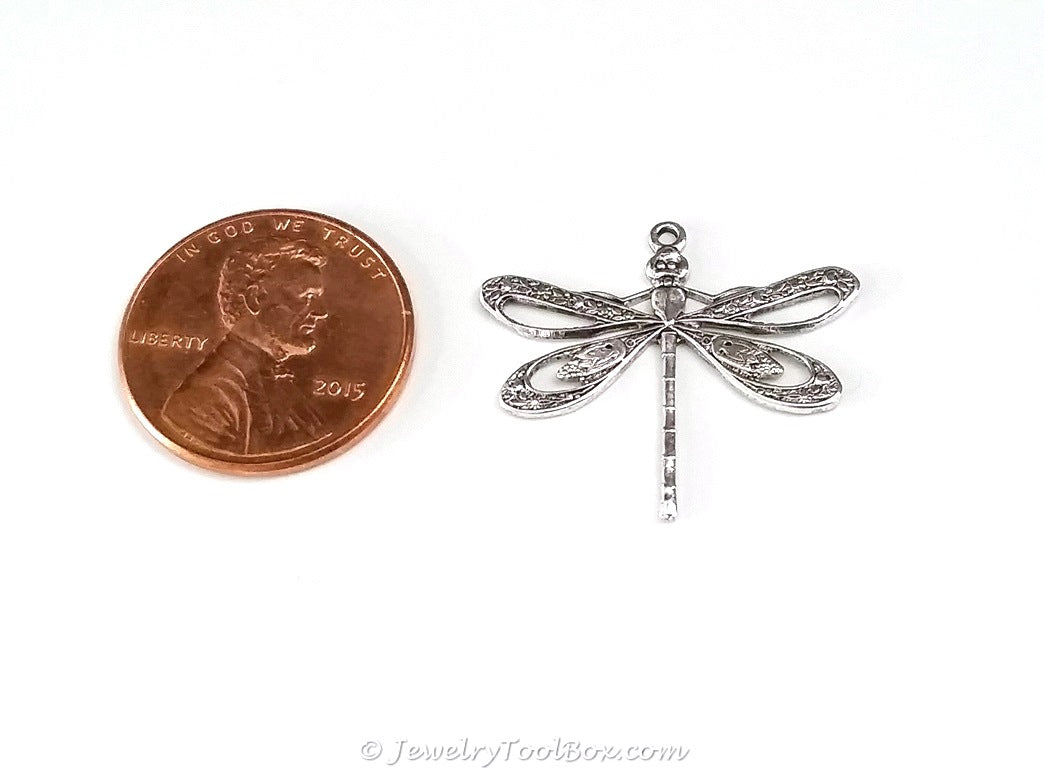 Large Silver Filigree Dragonfly Charm, 1 Loop, Antique Sterling Silver Plated Brass, Lot Size 10, #08S