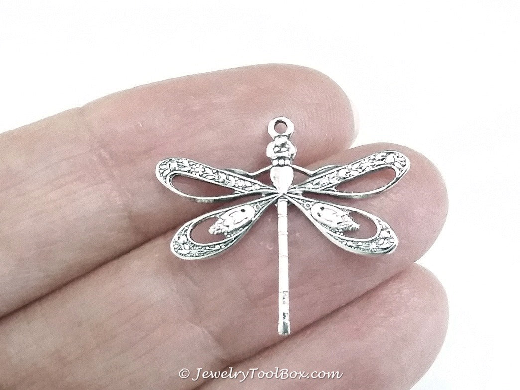 Large Silver Filigree Dragonfly Charm, 1 Loop, Antique Sterling Silver Plated Brass, Lot Size 10, #08S