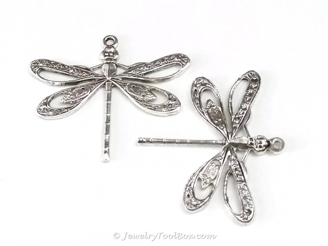 Large Silver Filigree Dragonfly Charm, 1 Loop, Antique Sterling Silver Plated Brass, Lot Size 10, #08S