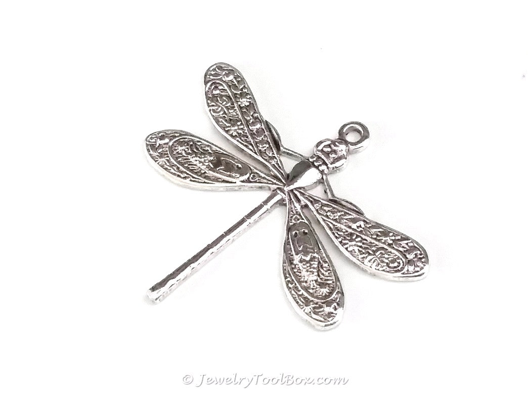 Large Silver Dragonfly Charm, 1 Loop, Antique Sterling Silver Plated Brass, Lot Size 10, #04S