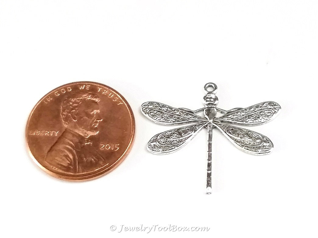Large Silver Dragonfly Charm, 1 Loop, Antique Sterling Silver Plated Brass, Lot Size 10, #04S