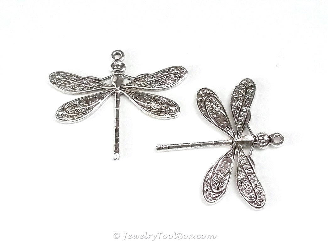 Large Silver Dragonfly Charm, 1 Loop, Antique Sterling Silver Plated Brass, Lot Size 10, #04S