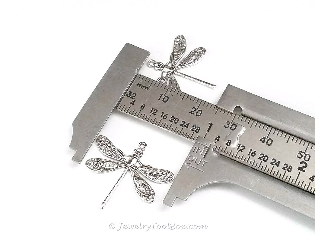 Large Silver Dragonfly Charm, 1 Loop, Antique Sterling Silver Plated Brass, Lot Size 10, #04S