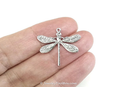 Large Silver Dragonfly Charm, 1 Loop, Antique Sterling Silver Plated Brass, Lot Size 10, #04S