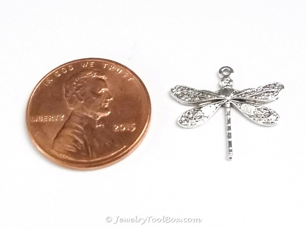 Small Silver Dragonfly Charm, 1 Loop, Antique Sterling Silver Plated Brass, Lot Size 10, #01S