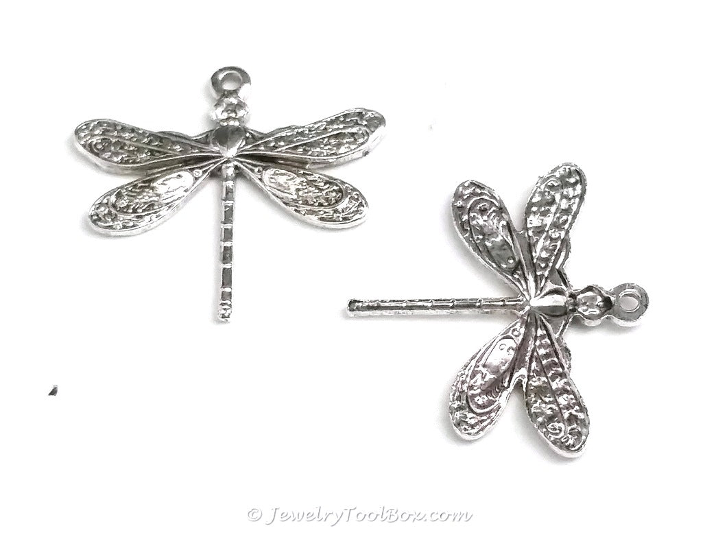 Small Silver Dragonfly Charm, 1 Loop, Antique Sterling Silver Plated Brass, Lot Size 10, #01S