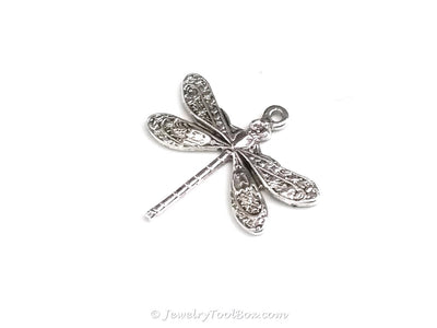 Small Silver Dragonfly Charm, 1 Loop, Antique Sterling Silver Plated Brass, Lot Size 10, #01S