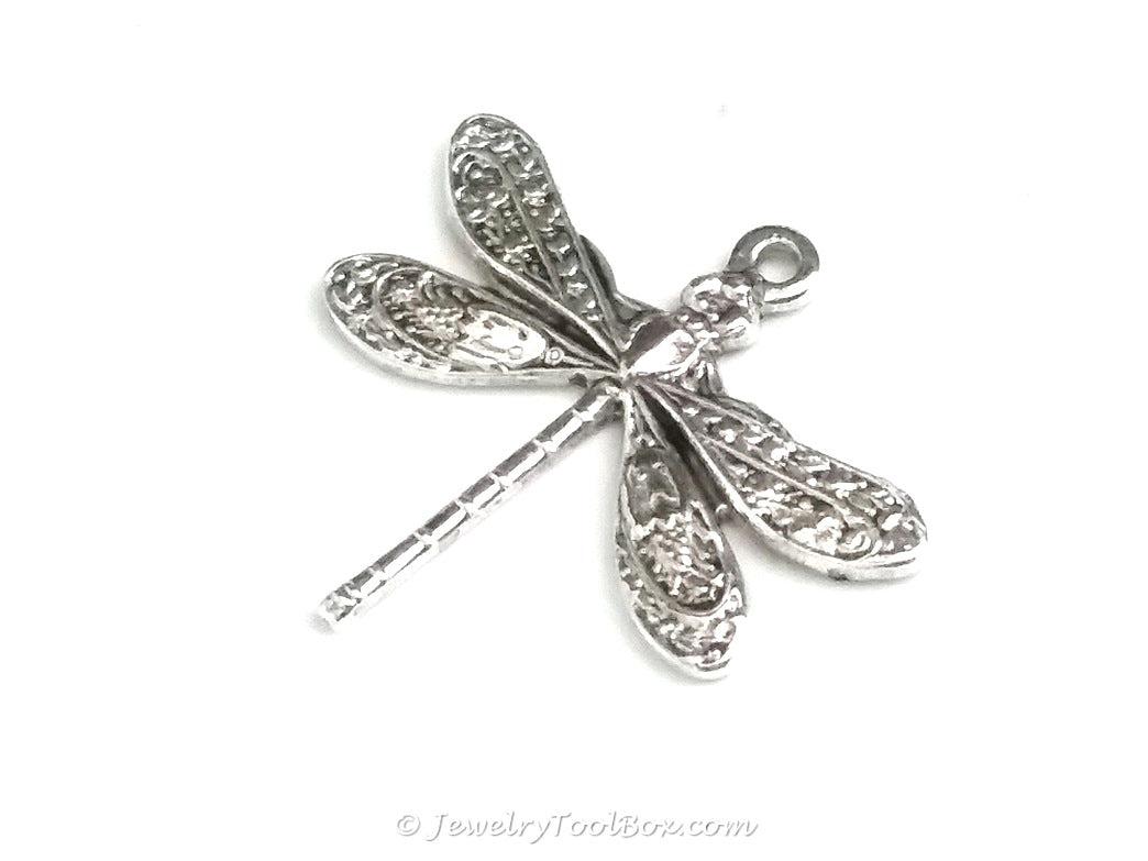 Small Silver Dragonfly Charm, 1 Loop, Antique Sterling Silver Plated Brass, Lot Size 10, #01S
