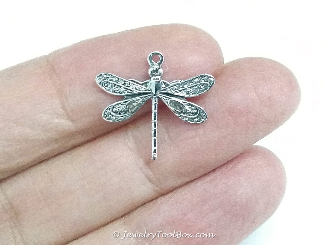 Small Silver Dragonfly Charm, 1 Loop, Antique Sterling Silver Plated Brass, Lot Size 10, #01S