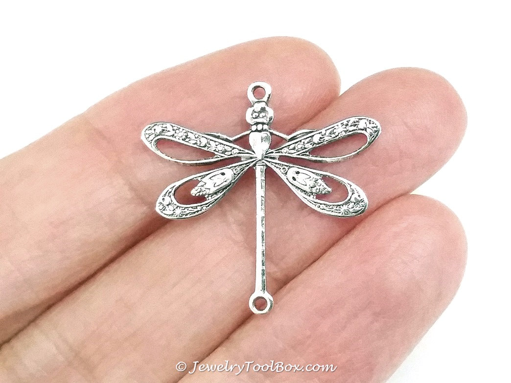 Large Silver Filigree Dragonfly Connector Charm, 2 Loop, Antique Sterling Silver Plated Brass, Lot Size 10, #09S