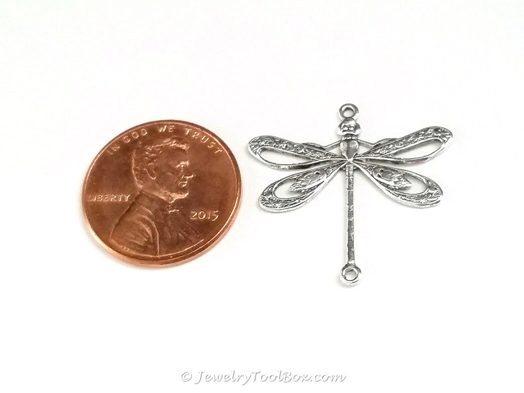 Large Silver Filigree Dragonfly Connector Charm, 2 Loop, Antique Sterling Silver Plated Brass, Lot Size 10, #09S