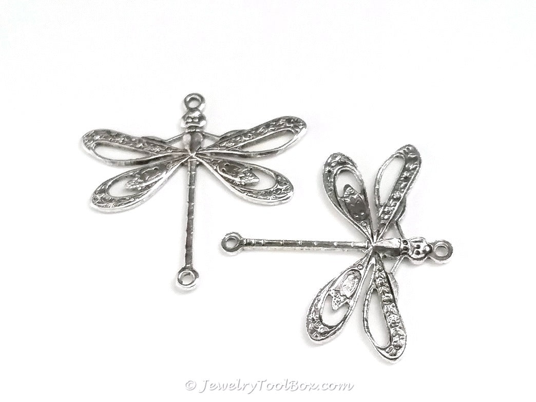 Large Silver Filigree Dragonfly Connector Charm, 2 Loop, Antique Sterling Silver Plated Brass, Lot Size 10, #09S