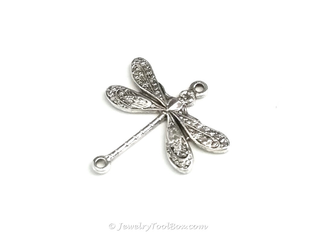 Small Silver Dragonfly Connector Charm, 2 Loops, Sterling Silver Plated Brass, Lot Size 10, #02S