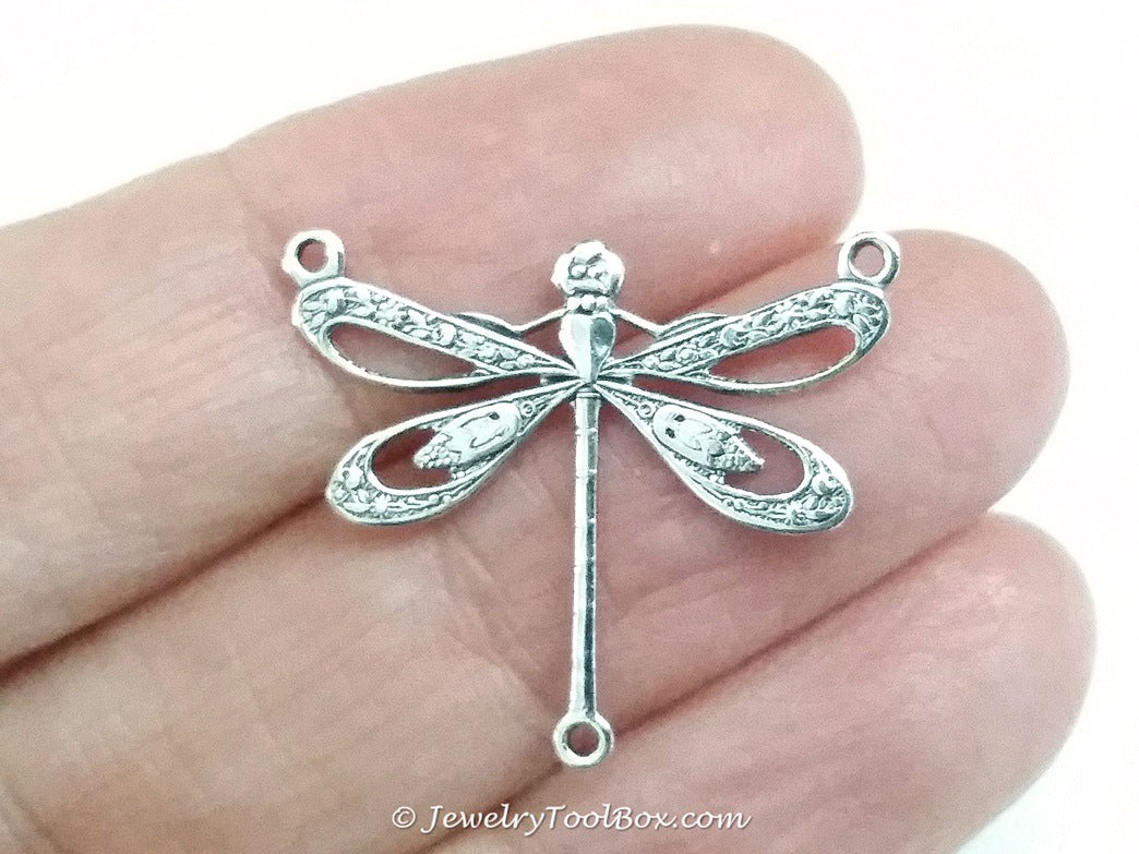Large Silver Filigree Dragonfly Pendant Connector Charm, 3 Loop, Antique Sterling Silver Plated Brass, Lot Size 10, #10S