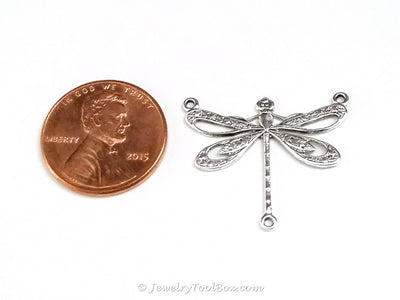Large Silver Filigree Dragonfly Pendant Connector Charm, 3 Loop, Antique Sterling Silver Plated Brass, Lot Size 10, #10S