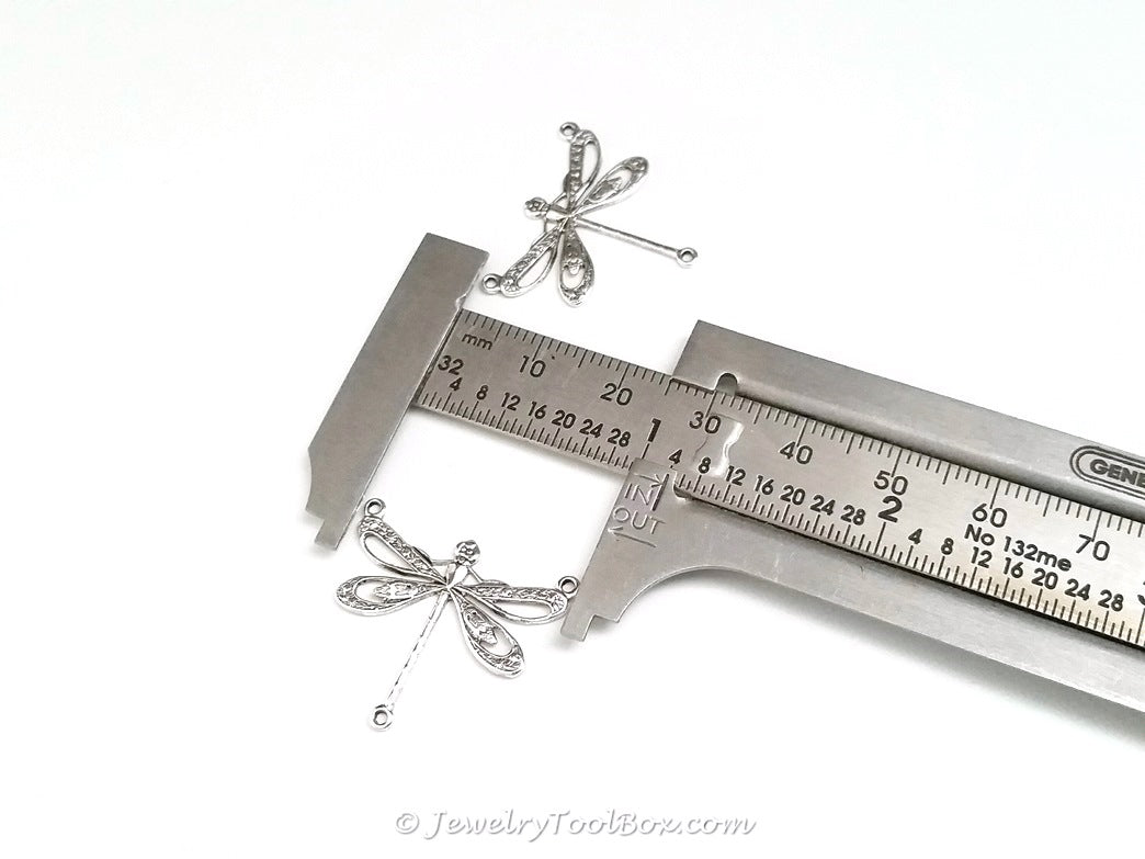 Large Silver Filigree Dragonfly Pendant Connector Charm, 3 Loop, Antique Sterling Silver Plated Brass, Lot Size 10, #10S