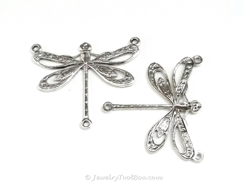 Large Silver Filigree Dragonfly Pendant Connector Charm, 3 Loop, Antique Sterling Silver Plated Brass, Lot Size 10, #10S