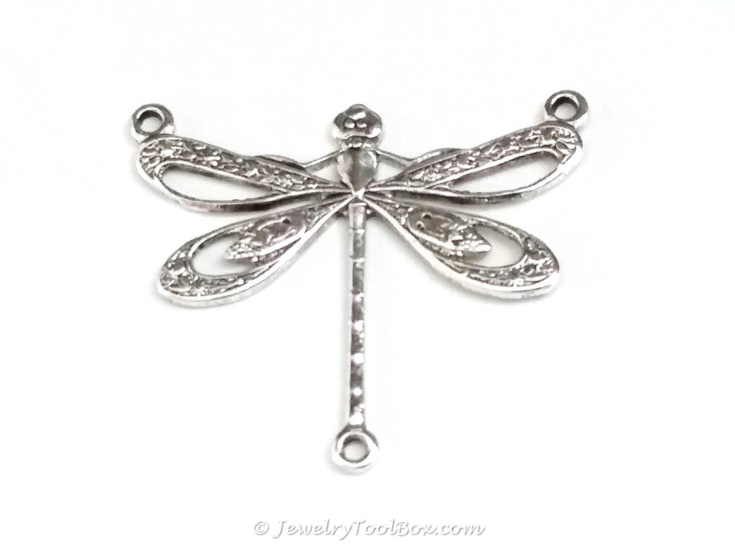 Large Silver Filigree Dragonfly Pendant Connector Charm, 3 Loop, Antique Sterling Silver Plated Brass, Lot Size 10, #10S
