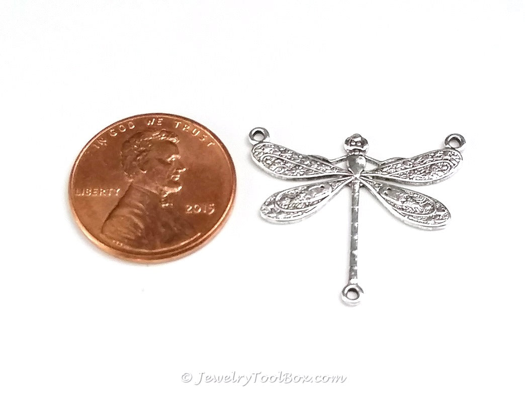 Large Silver Dragonfly Pendant Connector Charm, 3 Loop, Antique Sterling Silver Plated Brass, Lot Size 10, #06S