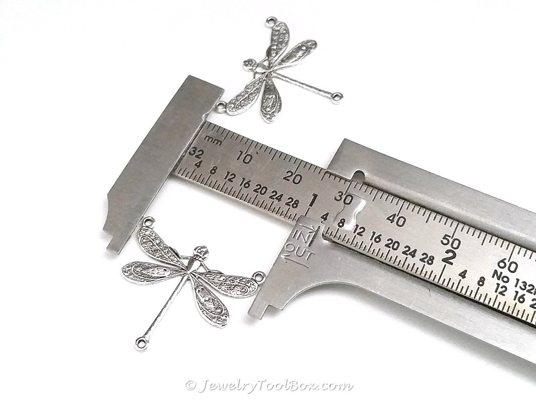 Large Silver Dragonfly Pendant Connector Charm, 3 Loop, Antique Sterling Silver Plated Brass, Lot Size 10, #06S