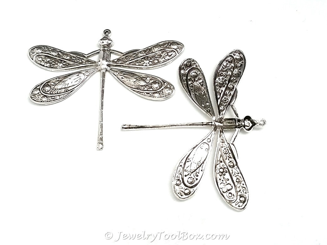 Extra Large Silver Dragonfly Charm, 1 Loop, Antique Sterling Silver Plated Brass, Lot Size 2, #07S