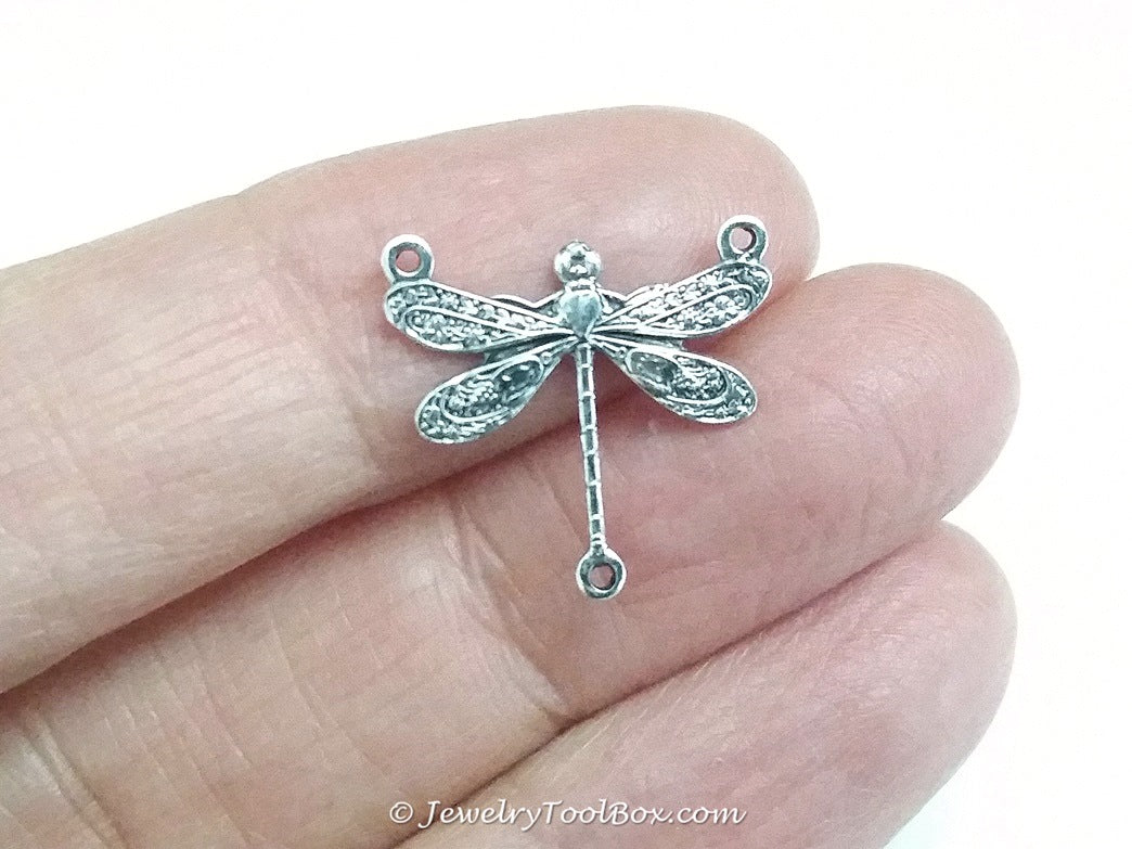 Small Silver Dragonfly Pendant Connector Charm, 3 Loops, Sterling Silver Plated Brass, Lot Size 10, #03S
