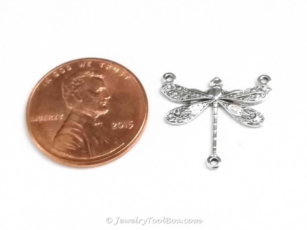 Small Silver Dragonfly Pendant Connector Charm, 3 Loops, Sterling Silver Plated Brass, Lot Size 10, #03S