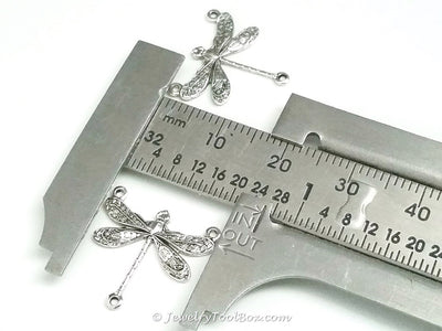 Small Silver Dragonfly Pendant Connector Charm, 3 Loops, Sterling Silver Plated Brass, Lot Size 10, #03S