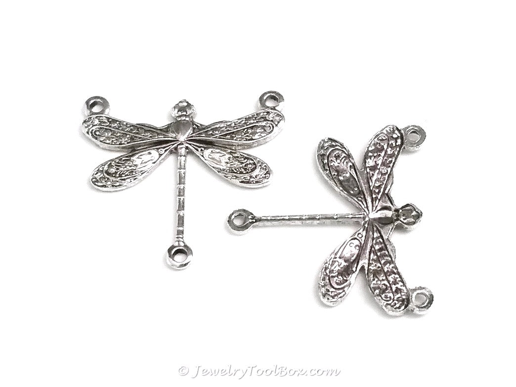 Small Silver Dragonfly Pendant Connector Charm, 3 Loops, Sterling Silver Plated Brass, Lot Size 10, #03S