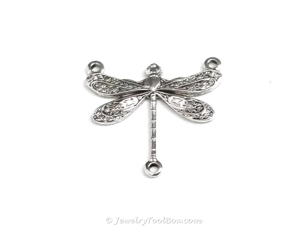 Small Silver Dragonfly Pendant Connector Charm, 3 Loops, Sterling Silver Plated Brass, Lot Size 10, #03S