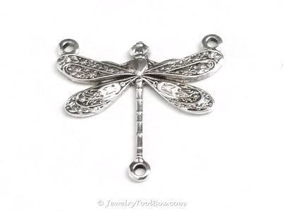 Small Silver Dragonfly Pendant Connector Charm, 3 Loops, Sterling Silver Plated Brass, Lot Size 10, #03S