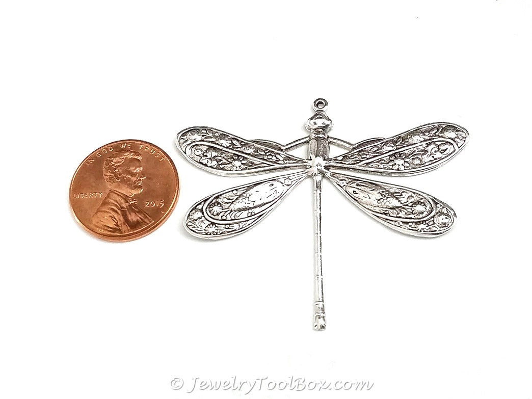 Extra Large Silver Dragonfly Charm, 1 Loop, Antique Sterling Silver Plated Brass, Lot Size 2, #07S
