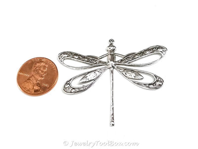 Extra Large Silver Filigree Dragonfly Charm, 1 Loop, Antique Sterling Silver Plated Brass, Lot Size 2, #11S