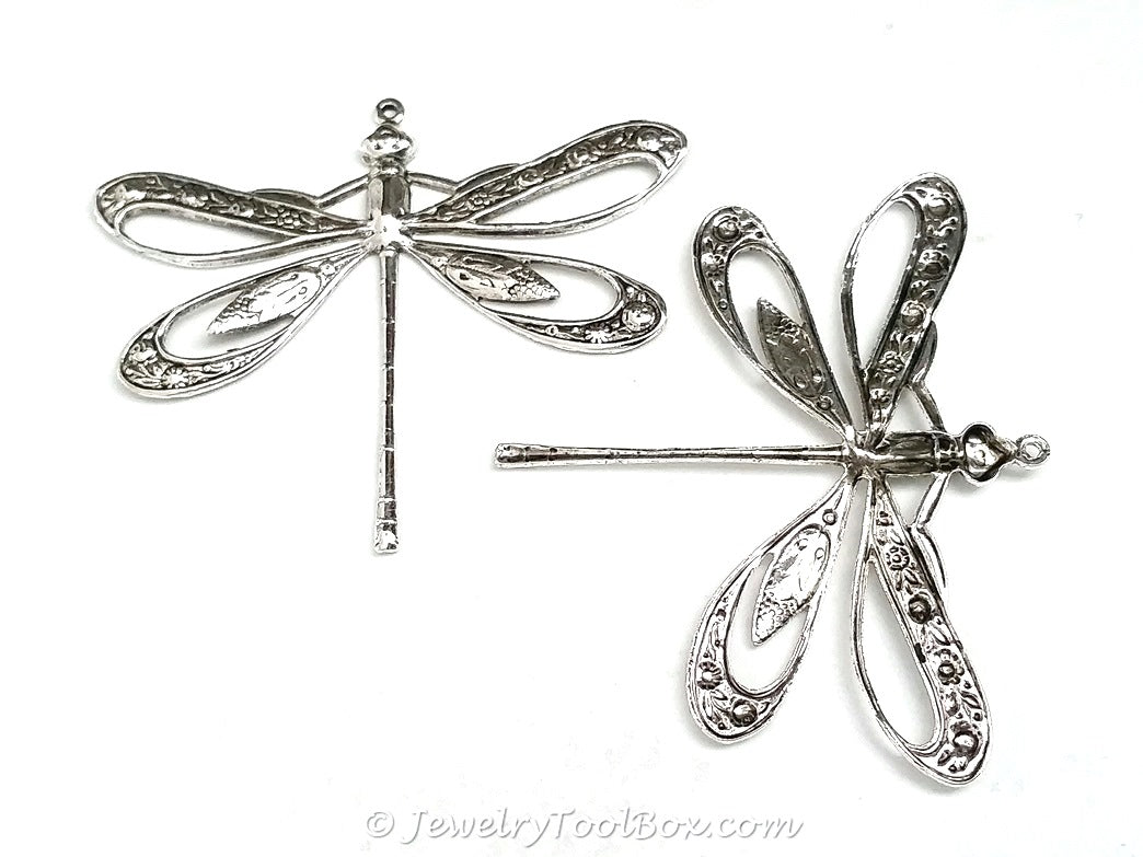 Extra Large Silver Filigree Dragonfly Charm, 1 Loop, Antique Sterling Silver Plated Brass, Lot Size 2, #11S