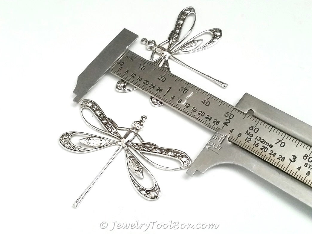 Extra Large Silver Filigree Dragonfly Charm, 1 Loop, Antique Sterling Silver Plated Brass, Lot Size 2, #11S