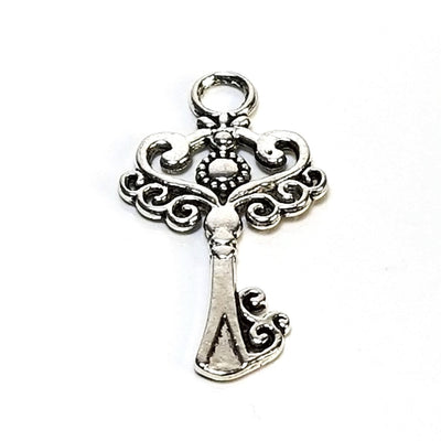 Silver Key, Victorian Filigree Key Pendant, Antique Silver Metal Charm, 33x18mm, Lot Size 40 Charms, #2083