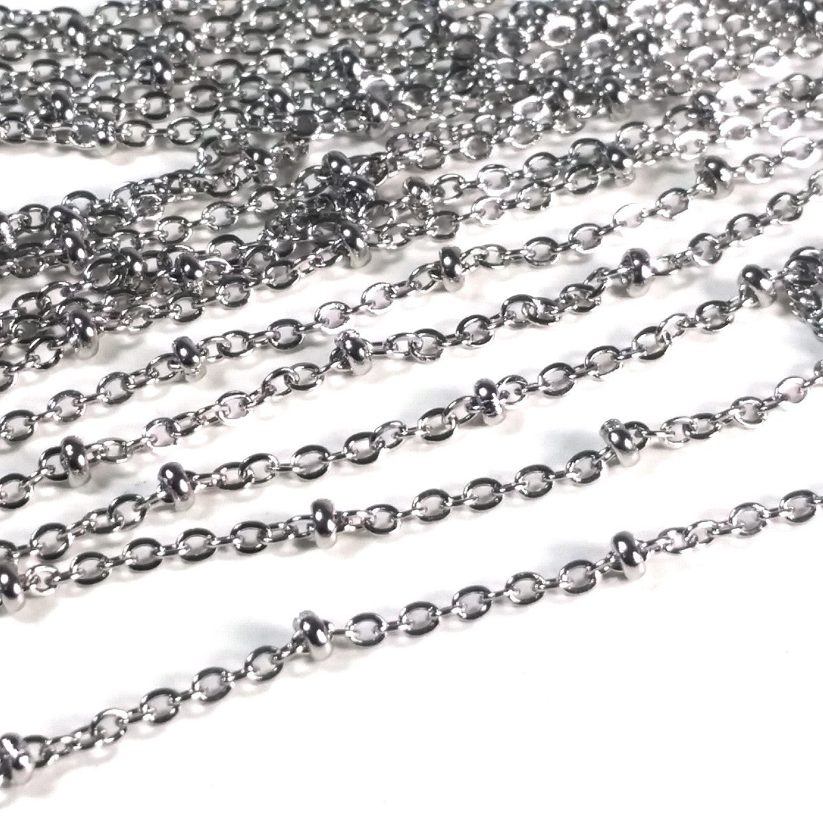 Fine Station Chain, Stainless Steel with 1x2mm Rondelle Bead Stations, Soldered Closed Links, Lot Size 50 meters spooled, #1951