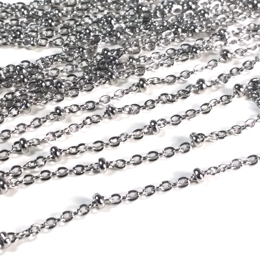 Fine Station Chain, Stainless Steel with 1x2mm Rondelle Bead Stations, Soldered Closed Links, Lot Size 50 meters spooled, #1951