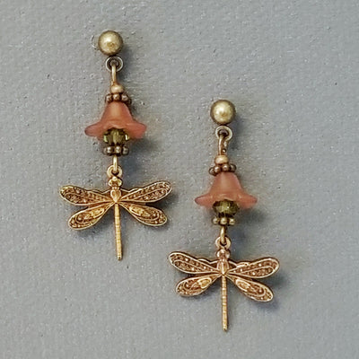 Jewelry Making Kit, Brass Dragonfly Earrings with Lucite Bell Flowers and Crystal Beads, Choose 5 Pairs, #394