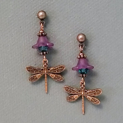Jewelry Making Kit, Brass Dragonfly Earrings with Lucite Bell Flowers and Crystal Beads, Choose 5 Pairs, #394